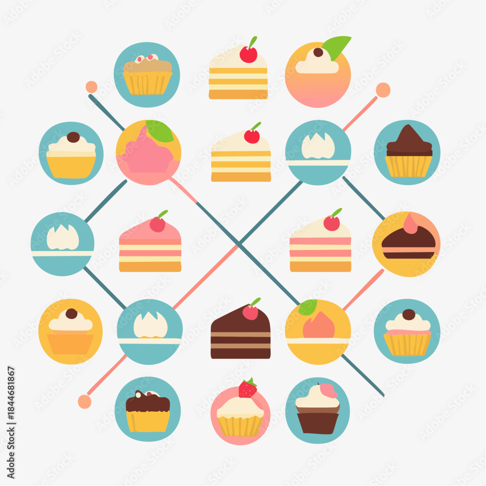 Naklejka premium A vibrant flat design collection of diverse cupcakes and cake slices, arranged in an appealing geometric pattern, showcasing an assortment of delicious sweet treats