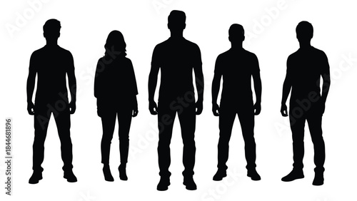A group of five people standing together depicted in a striking black silhouette