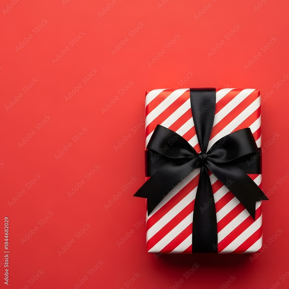 Obraz premium Red and white striped gift box with black bow on red background