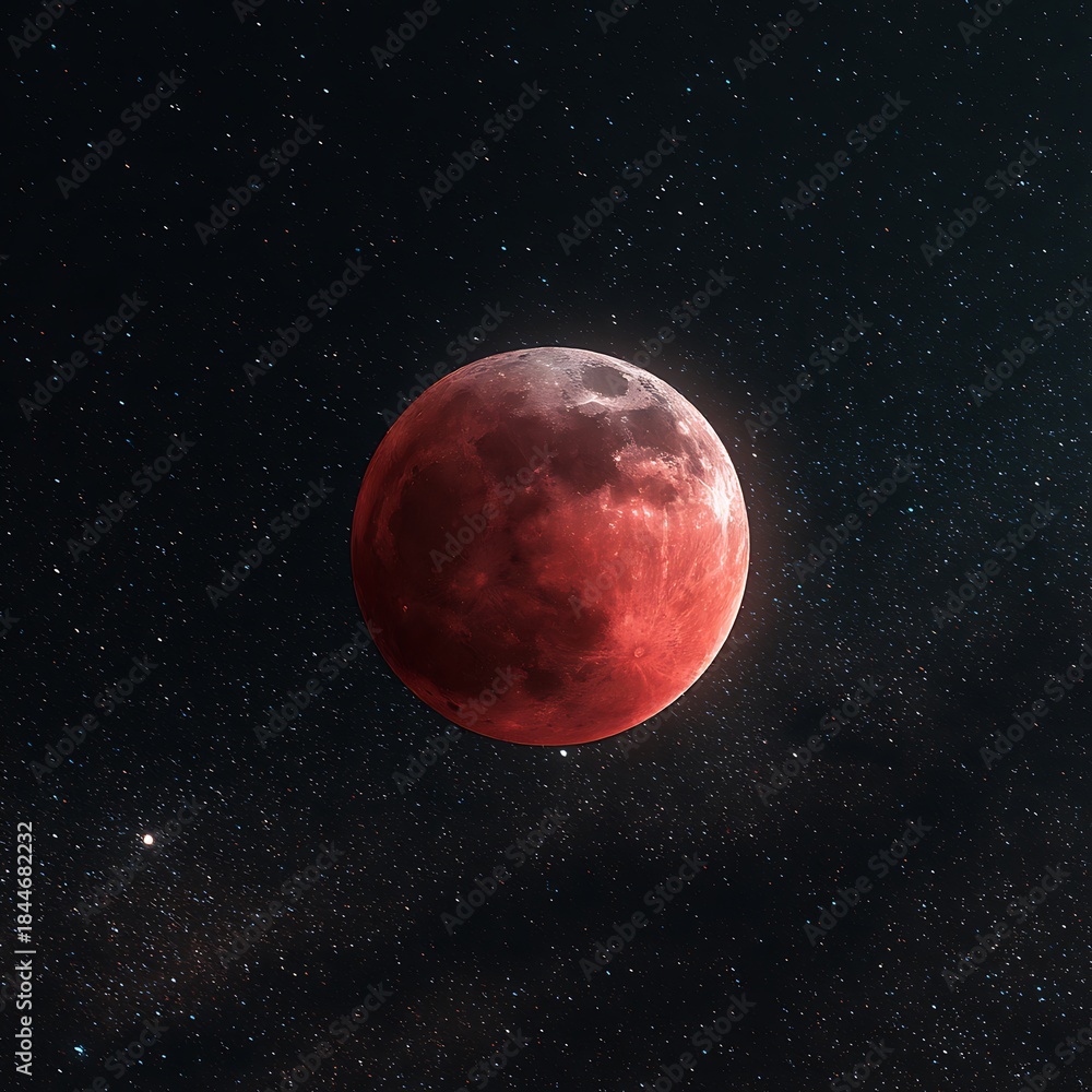 Fototapeta premium Bright red moon floating over sparkling night stars high resolution picture