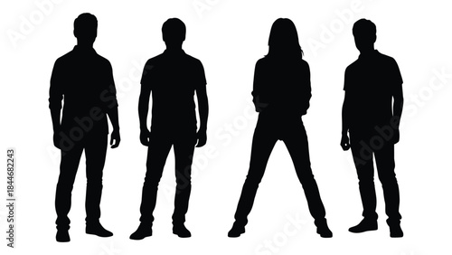 Four people standing side by side in a stark black outline silhouette