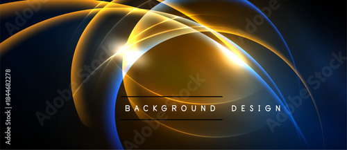 Abstract design features flowing lines, vibrant colors. Golden light radiates from center, contrasting dark background. Modern, dynamic composition.