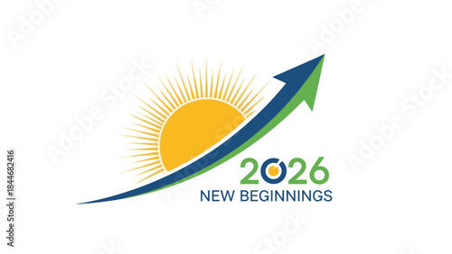 A colorful logo featuring a rising sun and arrow with the text '2026 New Beginnings' on a white background, symbolizing a happy new year 2026.