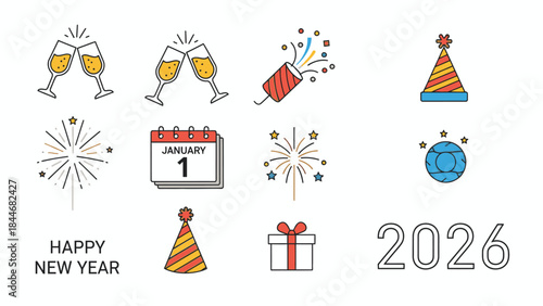 Colorful flat lay of Happy New Year 2026 celebration icons on a white background with festive mood and vibrant tones.