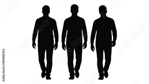 Three men depicted in a stark black form against a white background silhouette