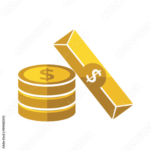 Gold coins and gold bar with dollar sign