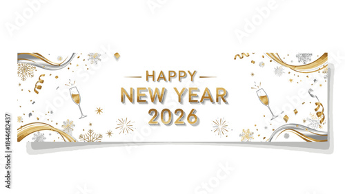 A festive Happy New Year 2026 banner with gold and silver decorations on a white background, conveying a celebratory mood with a shallow depth of field.