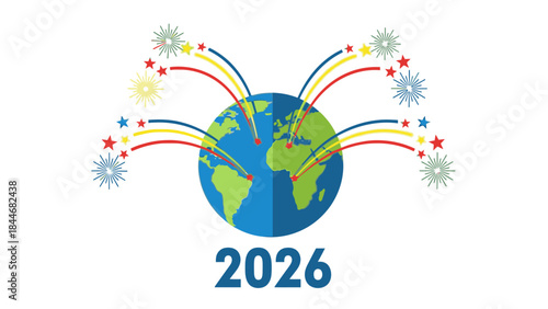 Colorful illustration of the globe with rainbow lines and fireworks, celebrating happy new year 2026 on a white background with a joyful mood.