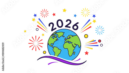 Colorful illustration of the Earth with fireworks and stars, celebrating happy new year 2026 on a white background with vibrant, festive mood and cinematic lighting.