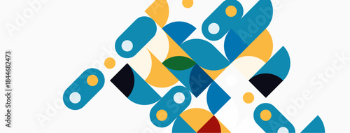Abstract geometric shapes overlap, creating colorful composition. Blue, yellow, black, white dominate design. Modern aesthetic.