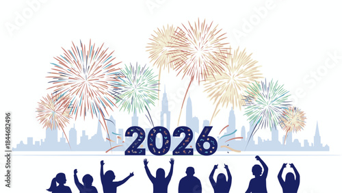 Graphic illustration of people celebrating happy new year 2026 with fireworks and city skyline in the background.