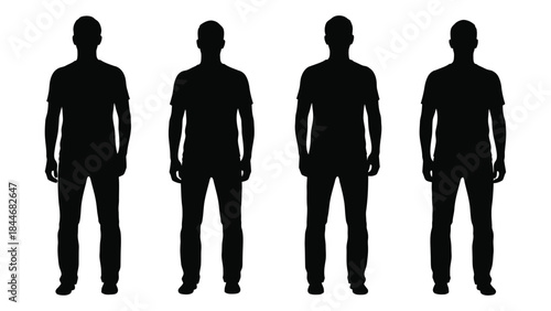 Four male figures standing in a row presented as a dark dramatic silhouette