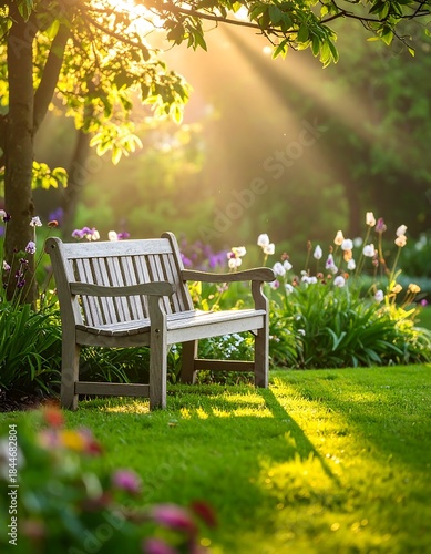 Wallpaper Mural Tranquil scene wooden bench in sunny garden Torontodigital.ca