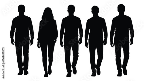 A group of five people walking towards the viewer in a dark silhouette