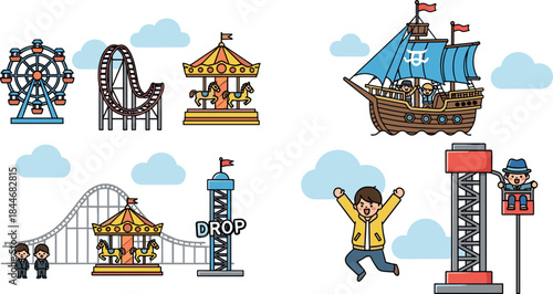 Amusement park and carnival ride vector illustration set including Ferris wheel, rollercoaster, carousel, Viking ship, and drop tower with happy visitors.
