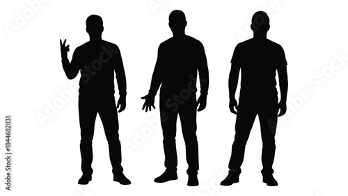 Three male figures in a row displaying different hand gestures black silhouette