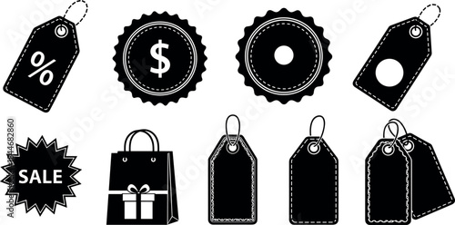 Black and white vector set of discount sale labels, shopping tags, price badges, and gift icons for retail, e-commerce, and commerce concepts.