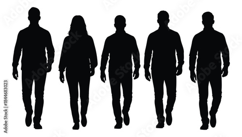 A group of five people walking forward depicted as a stark black silhouette