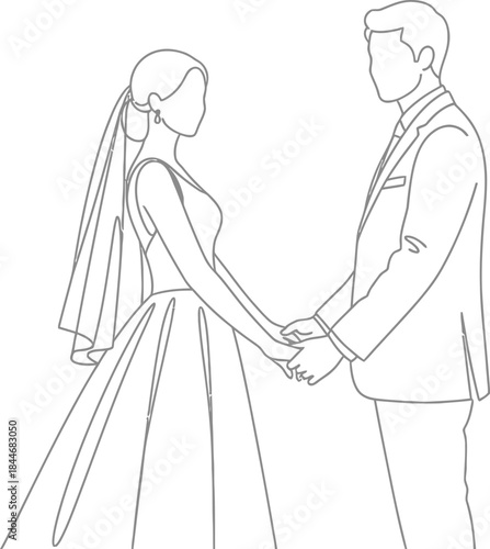 Minimalist line art of a bride and groom holding hands on their wedding day