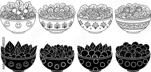 Monochrome vector set of fresh vegetable salads in decorated bowls, black and white illustrations for healthy food, vegan, and diet concepts.