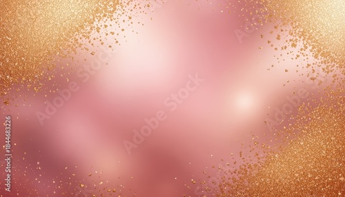 Soft pink and gold bokeh background with subtle glitter and light specks.