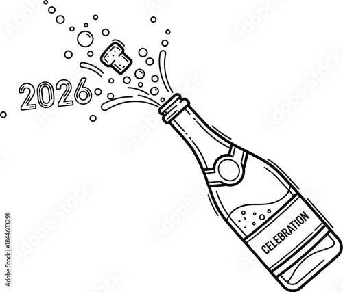 Champagne bottle popping with 2026 year bubbles for new year celebration design