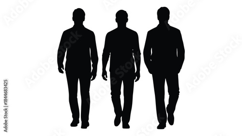 Three men standing in a row full body view stark contrast black and white silhouette