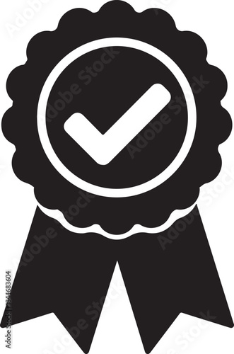 Approved or certified badge medal icon set. Approval check mark and thumb up on medal. Containing quality, brand, stamp, inspector checking, award, reward, winner, prize. 
