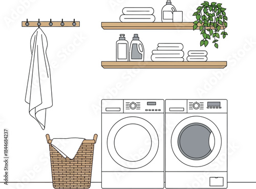 Clean laundry room with washing machines shelves and basket in a modern home