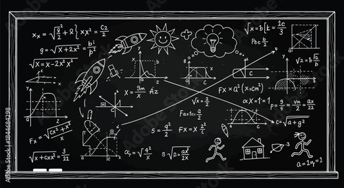 Chalkboard filled with mathematical equations and scientific doodles in white chalk