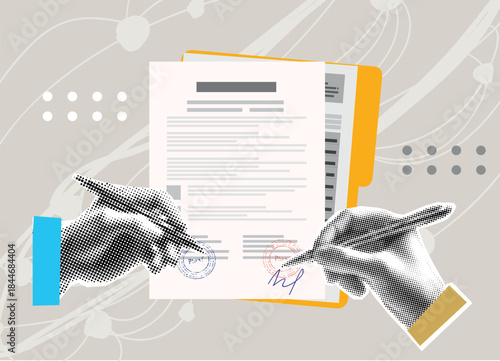 Signing the contract concept. Filling out a contract. Halftone collage man's hands writing signature with a pens on a paper page. Business agreement. Contemporary mixed media art. Vector illustration