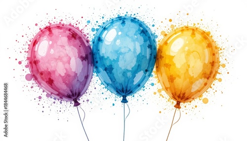 Three colorful balloons (pink, blue, yellow) with splash effects on white background