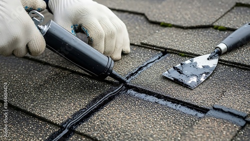 Worker applying black roof sealant with caulk gun on asphalt shingles