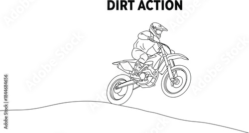 Line drawing of a motocross rider jumping a dirt bike on a white background scene