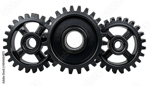 Three interlocking dark gears on a black backdrop, central gear slightly larger