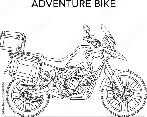 Detailed line drawing of an adventure motorcycle with luggage carriers attached