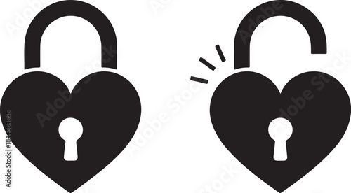 Black isolated icon of locked and unlocked heart shape lock on white background. Set of Silhouette of locked and unlocked heart shape lock. Flat design