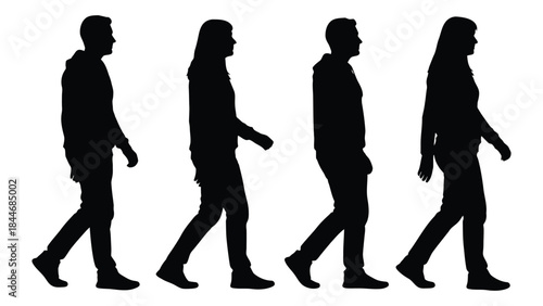 Four people walking in a row viewed from the side depicted as a silhouette