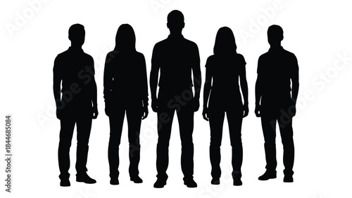 a group of five people standing together presented as a dark silhouette