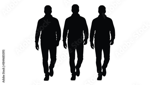 Three men walking forward depicted in a striking dark figure against a white background silhouette