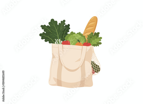 Reusable eco-friendly tote bag filled with fresh groceries including kale, tomatoes, and a baguette in a flat vector illustration style.