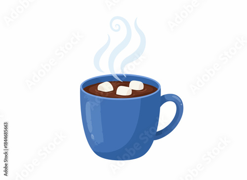 Steaming hot chocolate in a blue ceramic mug with three marshmallows, rendered in a simple vector illustration style, isolated on white.