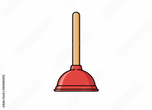 Simple vector illustration of a red rubber plunger with a wooden handle, a standard tool for plumbing and household maintenance, isolated on a white background.