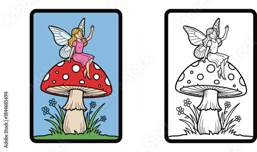 Cute cartoon fairy sitting on red mushroom vector illustration. Magical little girl character with wings waving hand on toadstool in nature for children book or fairytale design.
