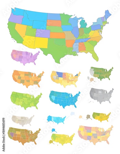 Various colorful map illustrations of the United States, different hues