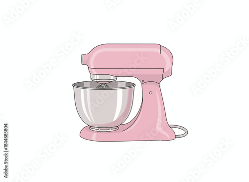 Pink kitchen stand mixer with a stainless steel bowl isolated on a white background, presented in a clean vector style.