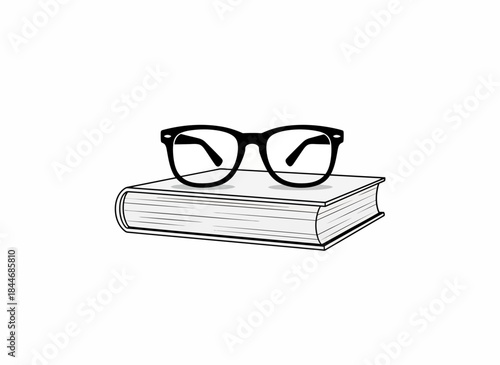 A black and white vector illustration of vintage eyeglasses placed on top of a closed hardcover book, representing study and knowledge.