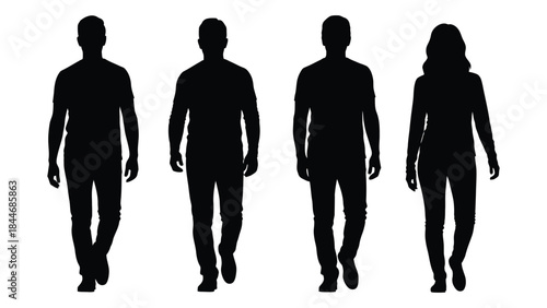 Four people walking forward a striking black and white depiction of human forms silhouette