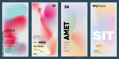 A collection of four modern, abstract posters featuring vibrant gradients and bold typography. Each design showcases a unique blend of colors and text, creating a visually striking and contemporary