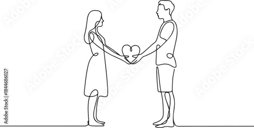 Continuous line drawing loving couple showing heart sign 